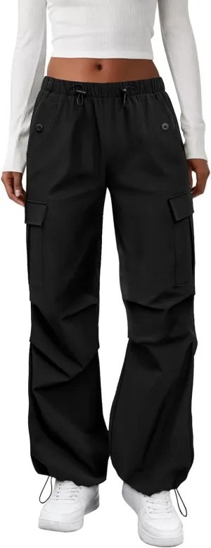 Cargo Pants Women Elastic Waisted Parachute Hiking Pants with Pockets Water-Resistant Lightweight Baggy Pants