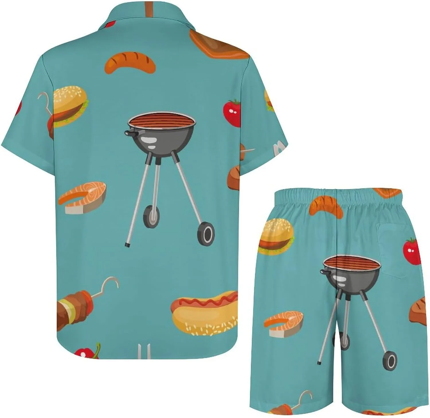Cartoon Style Bbq Food ThemeMen's Two-piece Casual Short-sleeved Shirt Summer Loose Vacation Suit