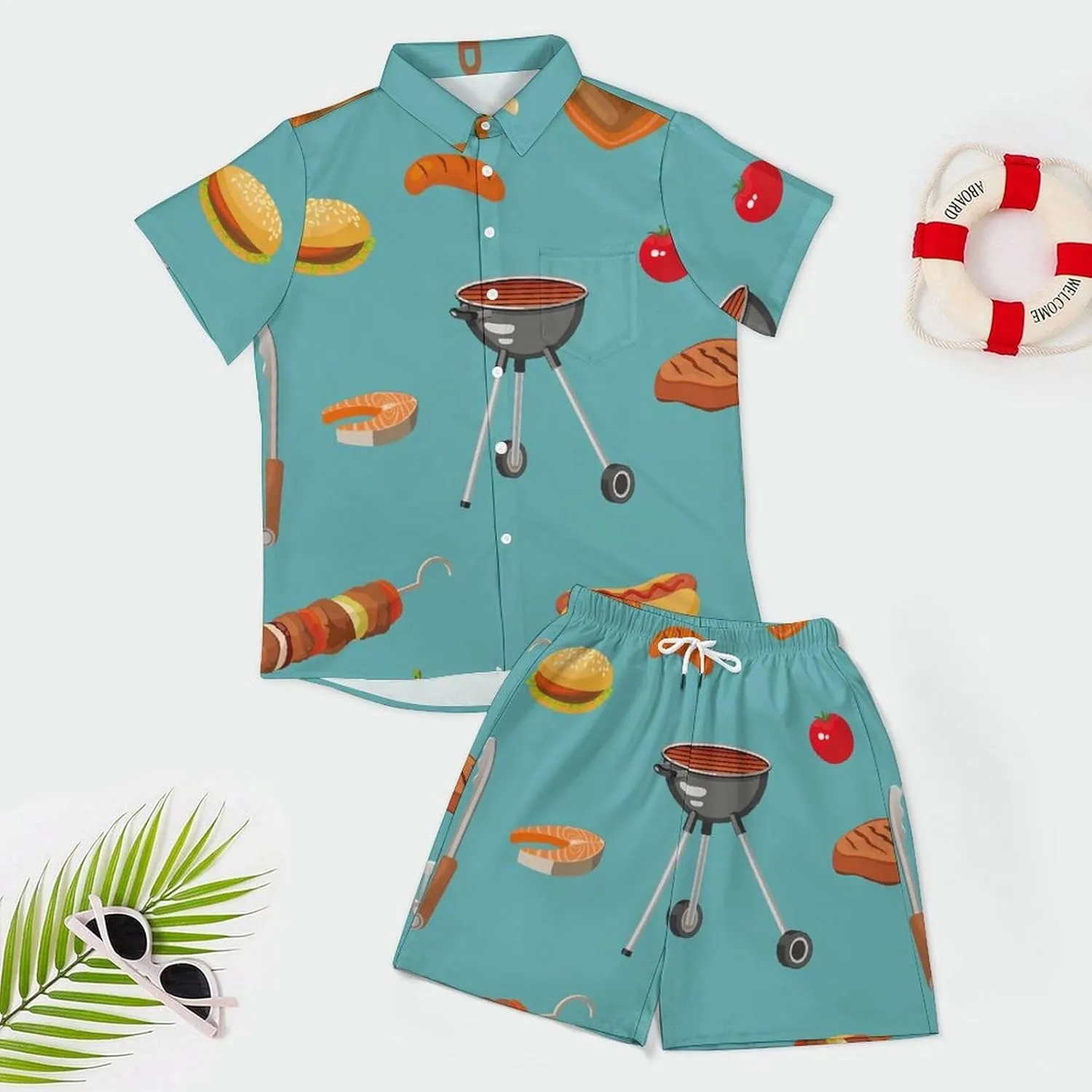 Cartoon Style Bbq Food ThemeMen's Two-piece Casual Short-sleeved Shirt Summer Loose Vacation Suit