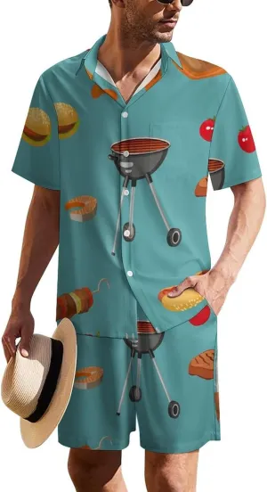 Cartoon Style Bbq Food ThemeMen's Two-piece Casual Short-sleeved Shirt Summer Loose Vacation Suit