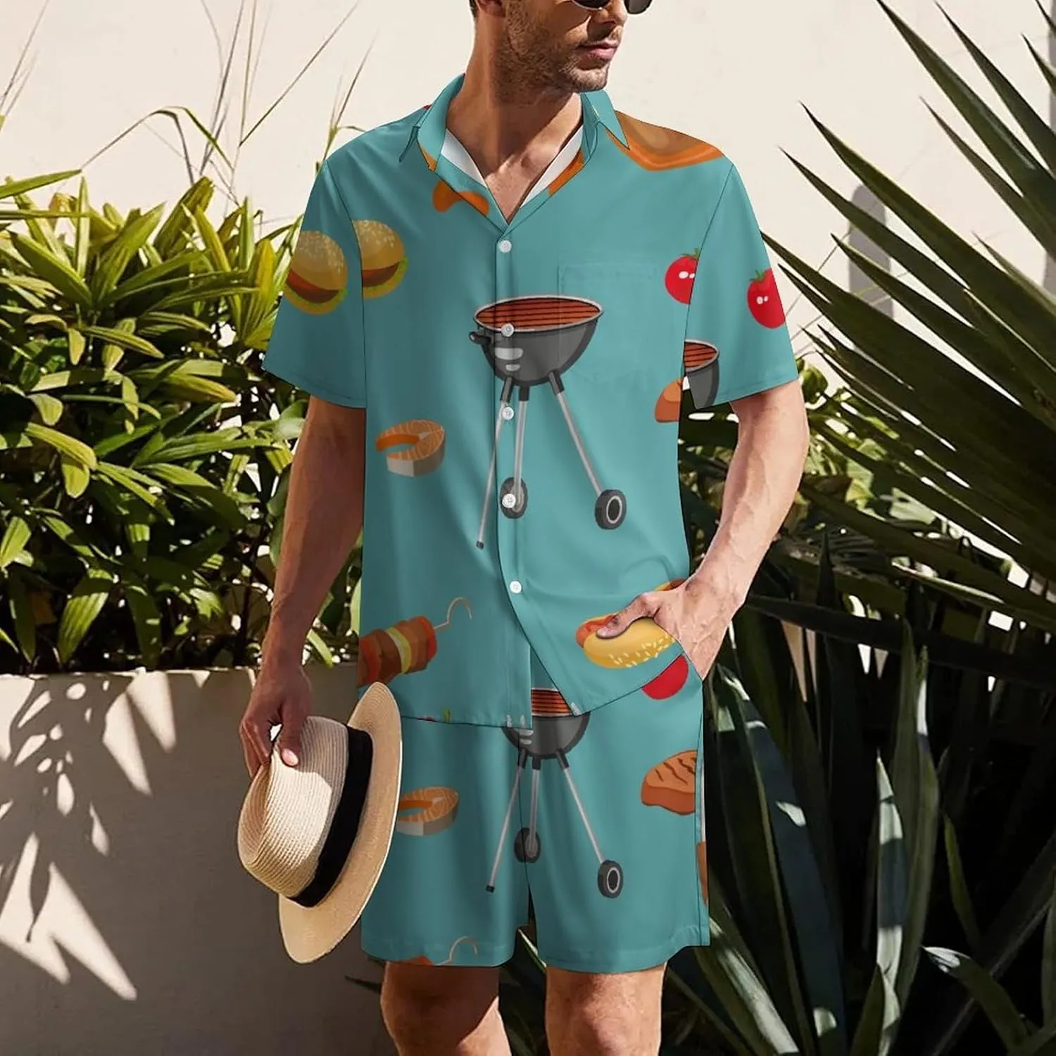Cartoon Style Bbq Food ThemeMen's Two-piece Casual Short-sleeved Shirt Summer Loose Vacation Suit