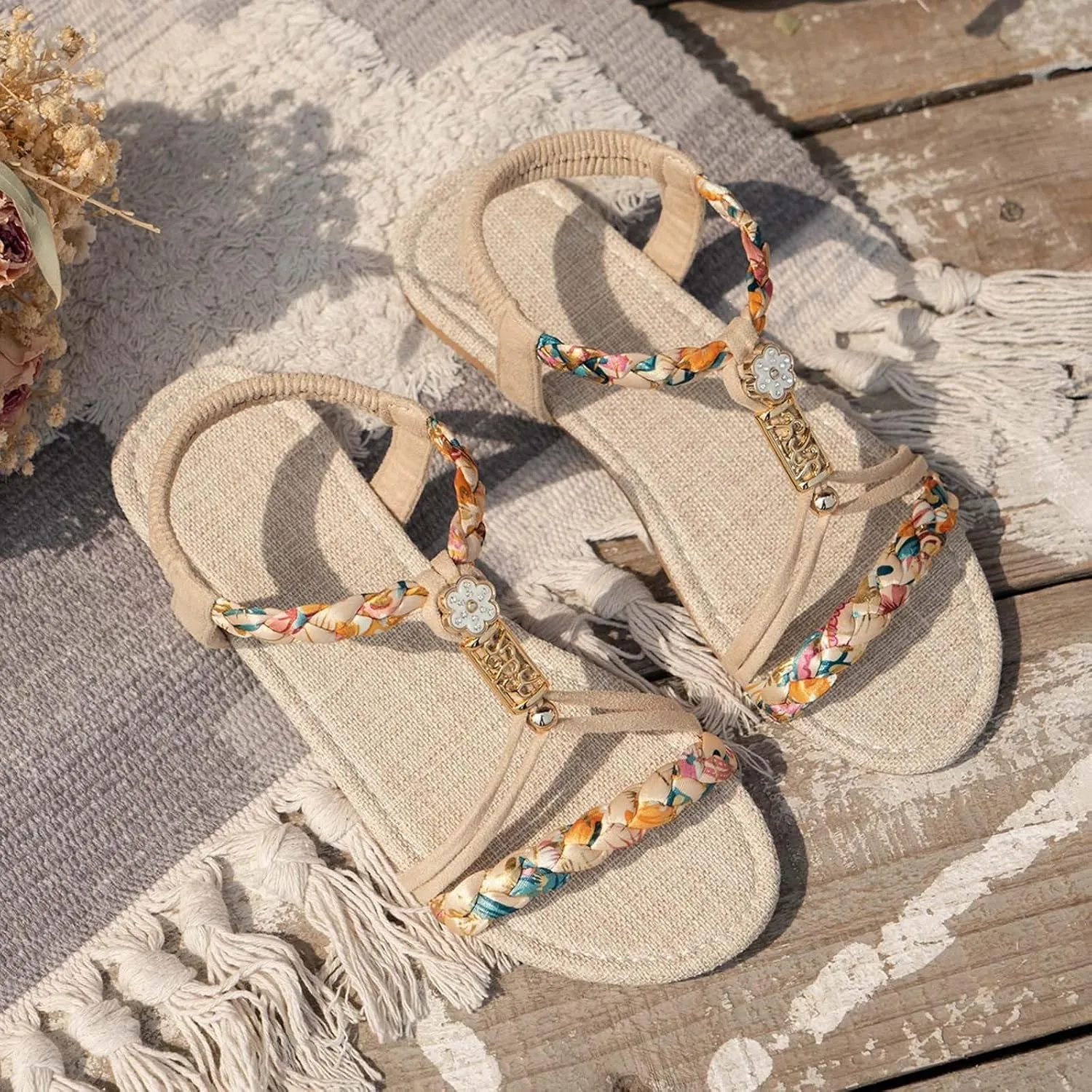 Casual Bohemian Beach Sandals Orthopedic Wedge Sandals for Women Ankle Strap Flip Flops Open Toe Jeweled Flat Sandals 2025