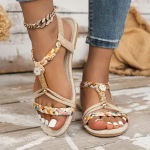 Casual Bohemian Beach Sandals Orthopedic Wedge Sandals for Women Ankle Strap Flip Flops Open Toe Jeweled Flat Sandals 2025