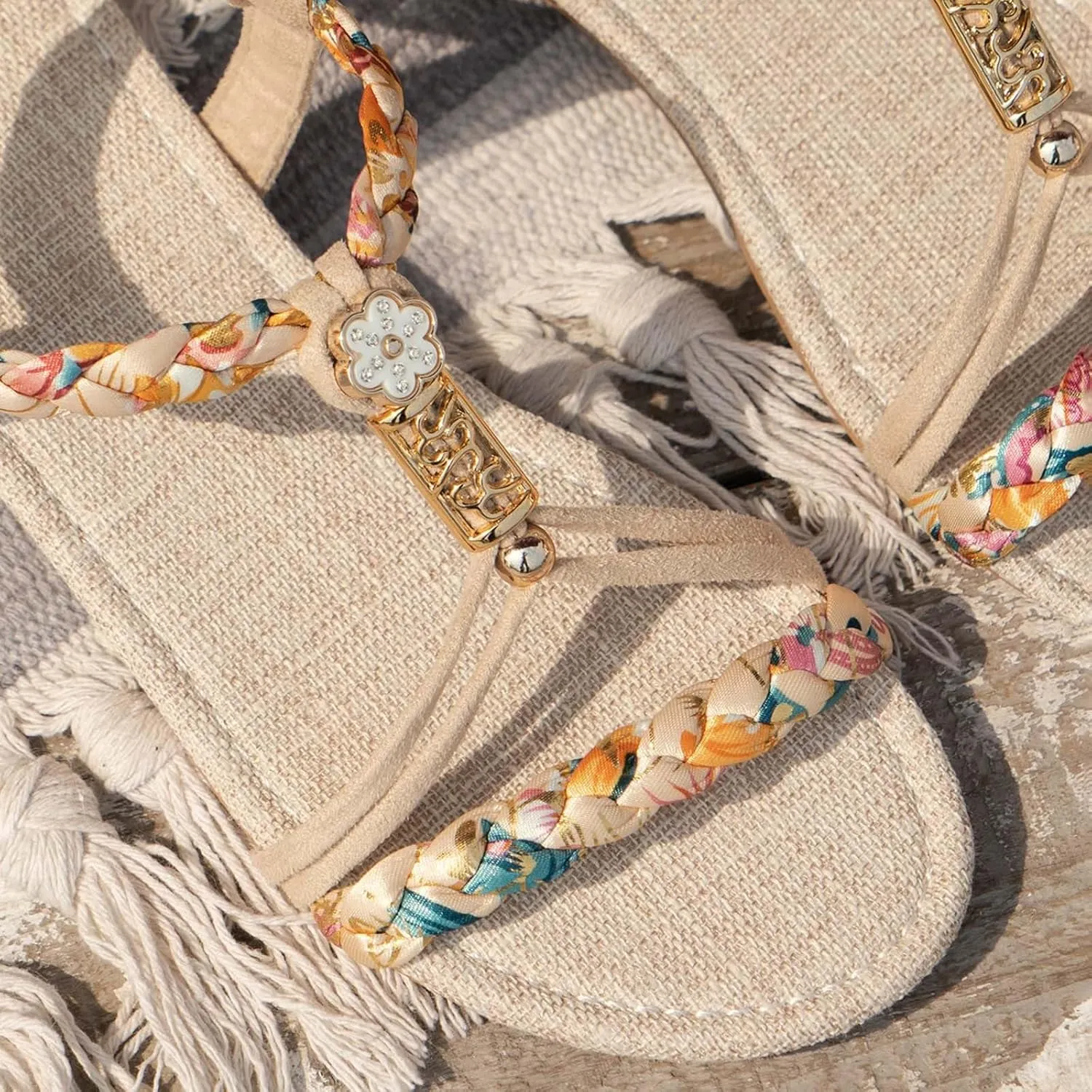Casual Bohemian Beach Sandals Orthopedic Wedge Sandals for Women Ankle Strap Flip Flops Open Toe Jeweled Flat Sandals 2025