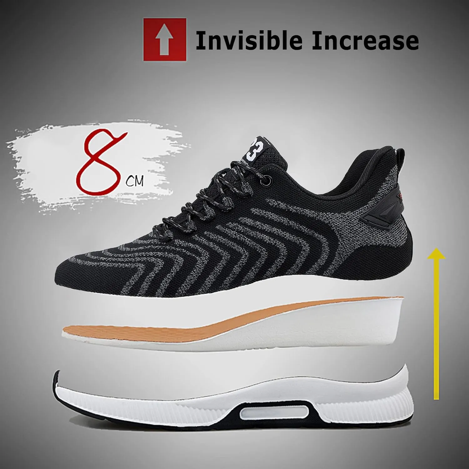 CERYTHRINA Men Elevator Sneakers Invisible Height Increasing Elevator Shoes Sports Shoes 2.36 Inches Breathable Lace up Sneakers