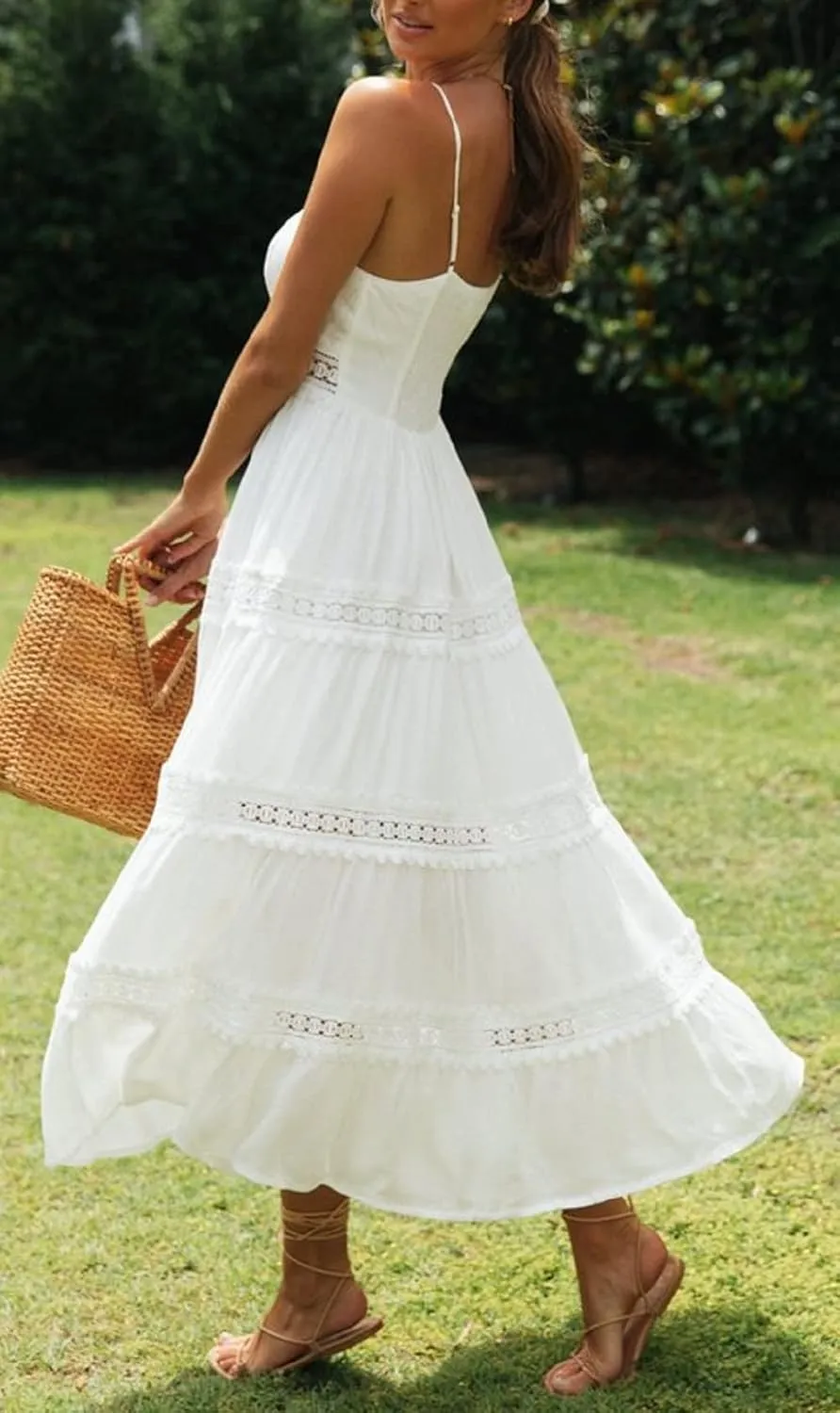 CHARTOU Women's Summer Spaghetti Straps Empire Waist Hollow Out Lace Patchwork Pleated A-Line Long Dress