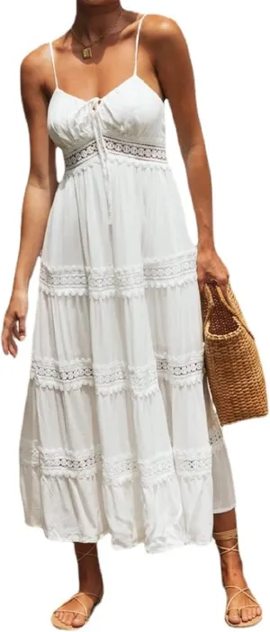 CHARTOU Women's Summer Spaghetti Straps Empire Waist Hollow Out Lace Patchwork Pleated A-Line Long Dress