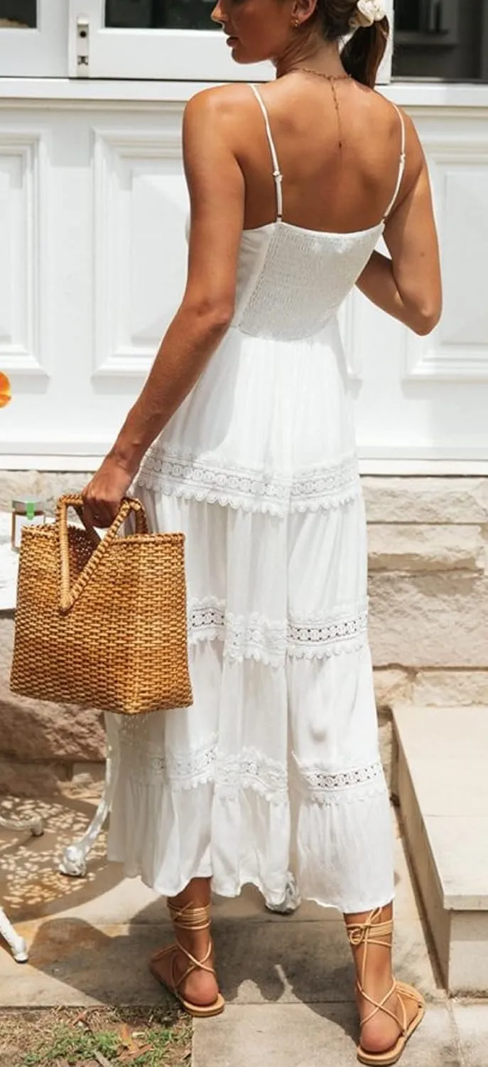 CHARTOU Women's Summer Spaghetti Straps Empire Waist Hollow Out Lace Patchwork Pleated A-Line Long Dress