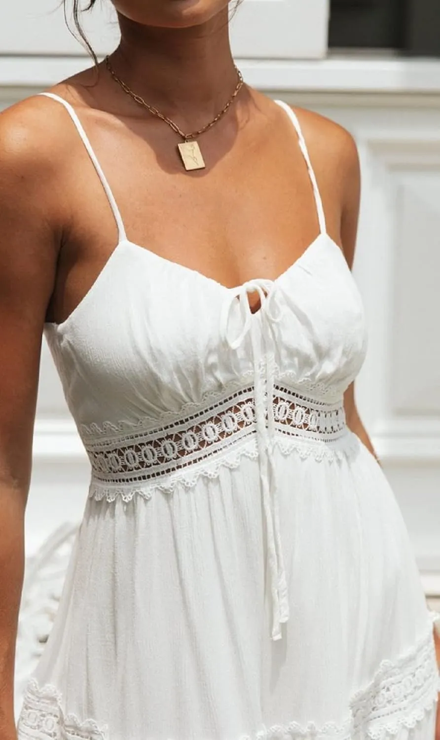 CHARTOU Women's Summer Spaghetti Straps Empire Waist Hollow Out Lace Patchwork Pleated A-Line Long Dress