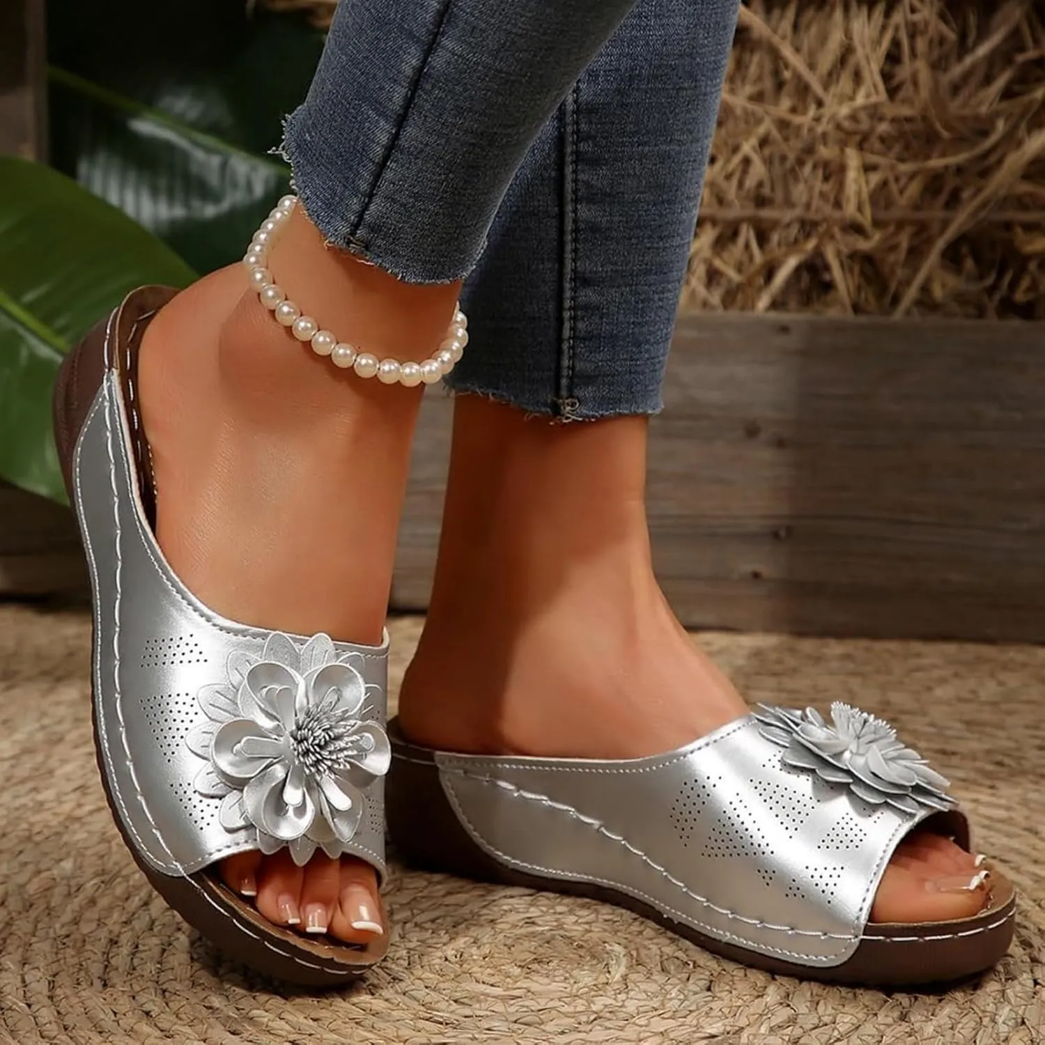 Chic Flowers Orthopedic Sandals for Women Arch Support Fish Mouth Open Toe Leather Slippers Wedge Platform Sandal Summer Beach Low Slides Ladies Dressy Slipper Comfortable Flower Shoes Slip On Slide