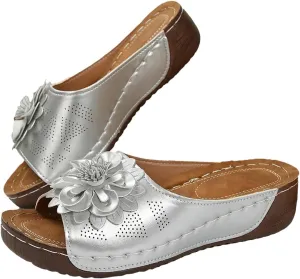 Chic Flowers Orthopedic Sandals for Women Arch Support Fish Mouth Open Toe Leather Slippers Wedge Platform Sandal Summer Beach Low Slides Ladies Dressy Slipper Comfortable Flower Shoes Slip On Slide