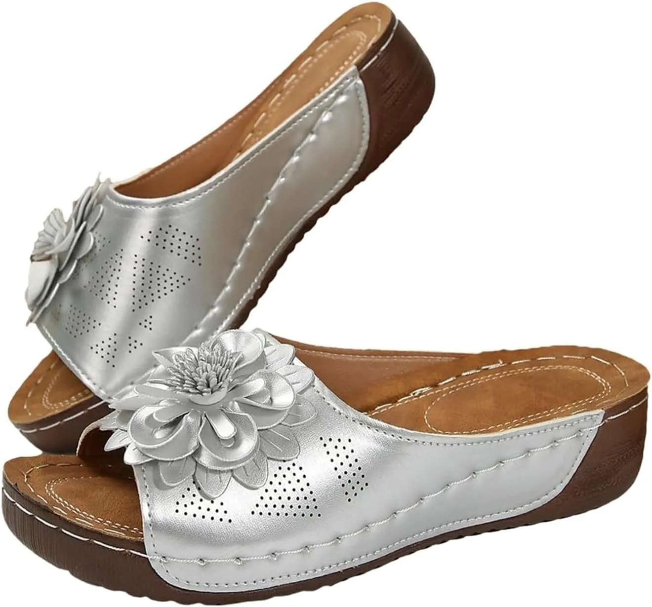 Chic Flowers Orthopedic Sandals for Women Arch Support Fish Mouth Open Toe Leather Slippers Wedge Platform Sandal Summer Beach Low Slides Ladies Dressy Slipper Comfortable Flower Shoes Slip On Slide