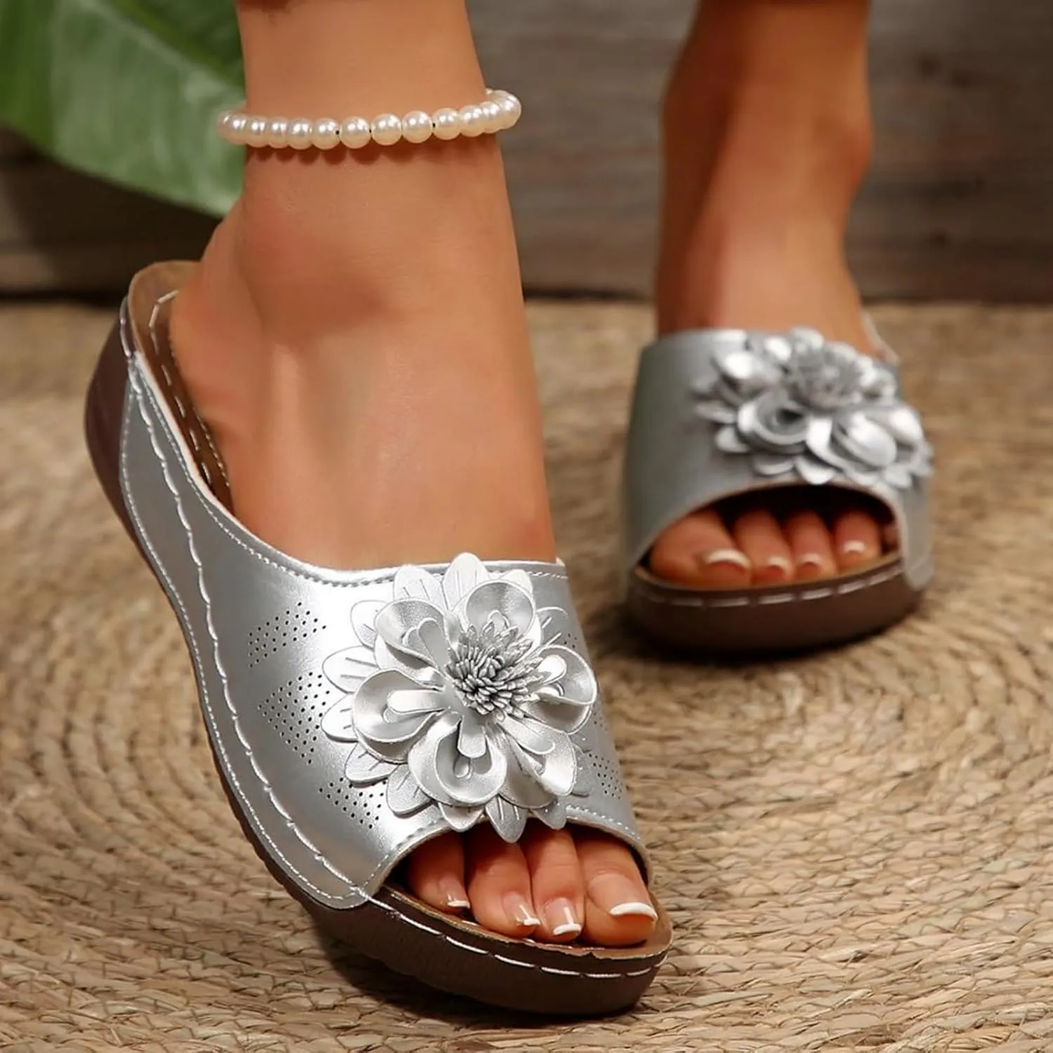 Chic Flowers Orthopedic Sandals for Women Arch Support Fish Mouth Open Toe Leather Slippers Wedge Platform Sandal Summer Beach Low Slides Ladies Dressy Slipper Comfortable Flower Shoes Slip On Slide