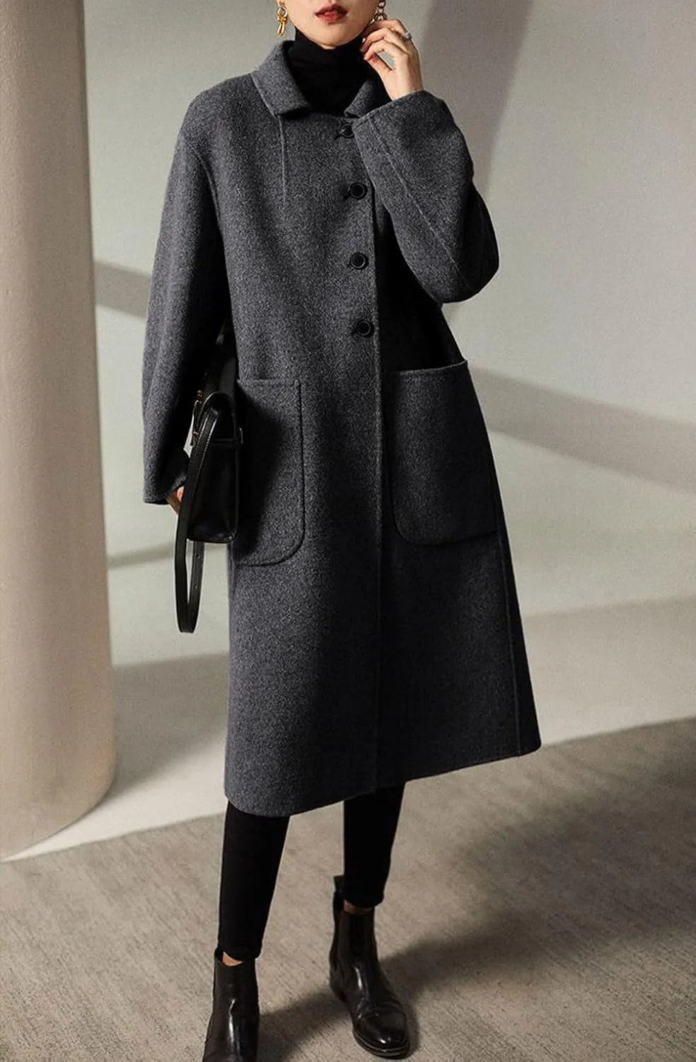 chouyatou Women's Winter Wool Coat Single Breasted Business Casual Midi Long Winter Trench Coat