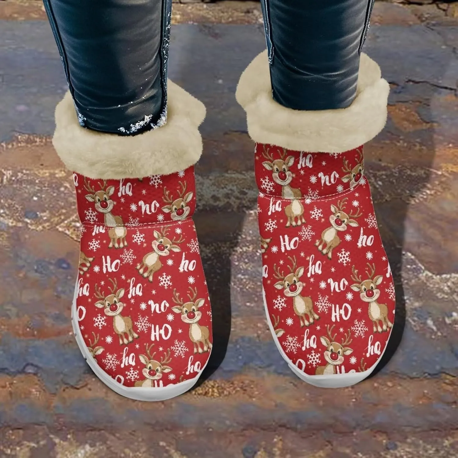 Christmas Winter Snow Boots for Women Men Cold Weather Snow Booties Pull On Fuzzy Slippers Shoes