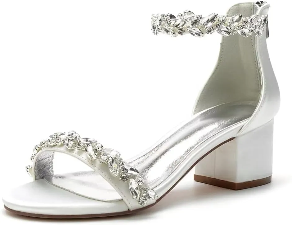 Chunky Heel Wedding Sandals Open Toe Low Block Heels Rhinestones Women Heeled Sandal