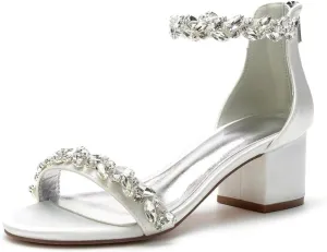 Chunky Heel Wedding Sandals Open Toe Low Block Heels Rhinestones Women Heeled Sandal