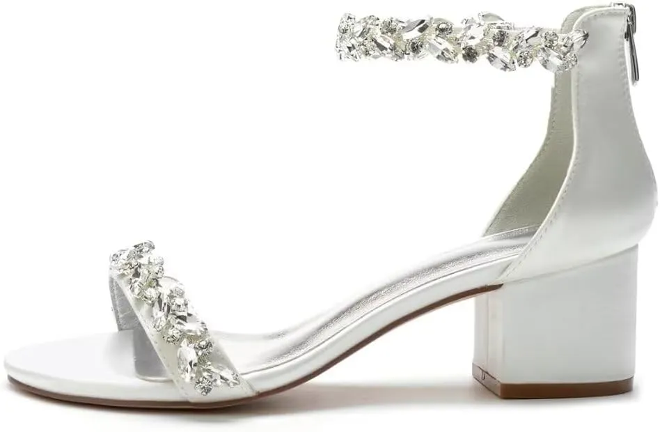 Chunky Heel Wedding Sandals Open Toe Low Block Heels Rhinestones Women Heeled Sandal