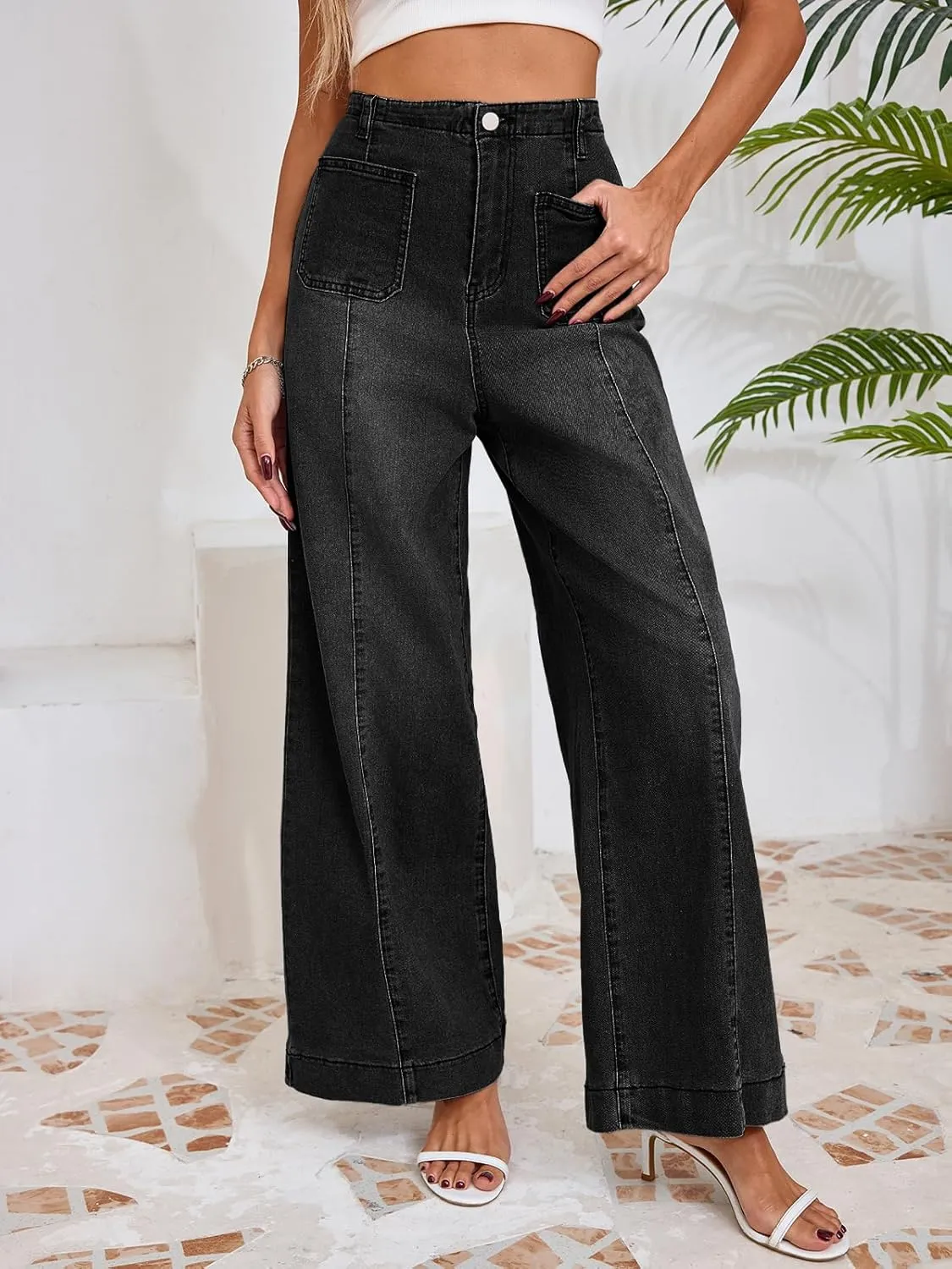 Cicy Bell Womens Wide Leg Flare Jeans Casual Baggy High Waisted Stretchy Trendy Front Seam Denim Pants