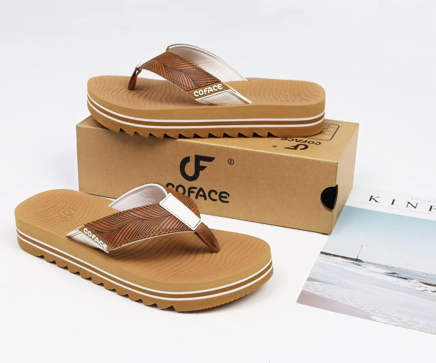 COFACE Mens Arch Support Flip Flops Yoga Mat Comfortable Thick Cushion Recovery Walking Thong Sandals Lightweight Slip On Summer Beach Slippers