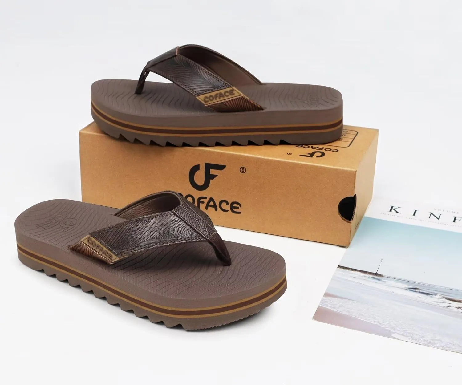 COFACE Mens Arch Support Flip Flops Yoga Mat Comfortable Thick Cushion Recovery Walking Thong Sandals Lightweight Slip On Summer Beach Slippers