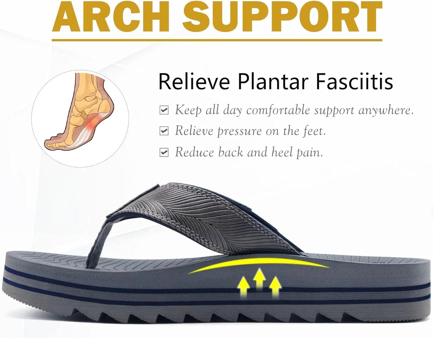 COFACE Mens Arch Support Flip Flops Yoga Mat Comfortable Thick Cushion Recovery Walking Thong Sandals Lightweight Slip On Summer Beach Slippers