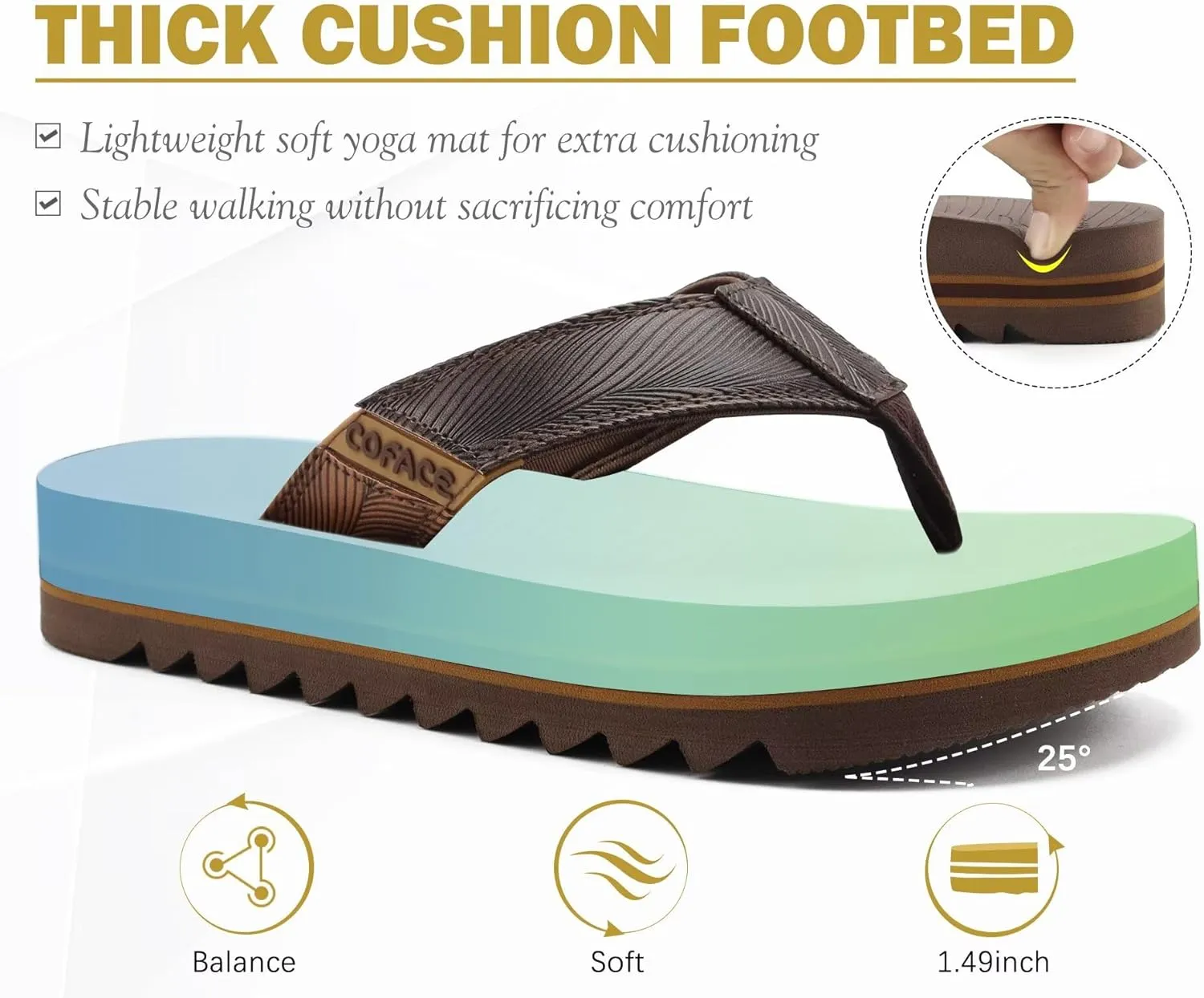 COFACE Mens Arch Support Flip Flops Yoga Mat Comfortable Thick Cushion Recovery Walking Thong Sandals Lightweight Slip On Summer Beach Slippers