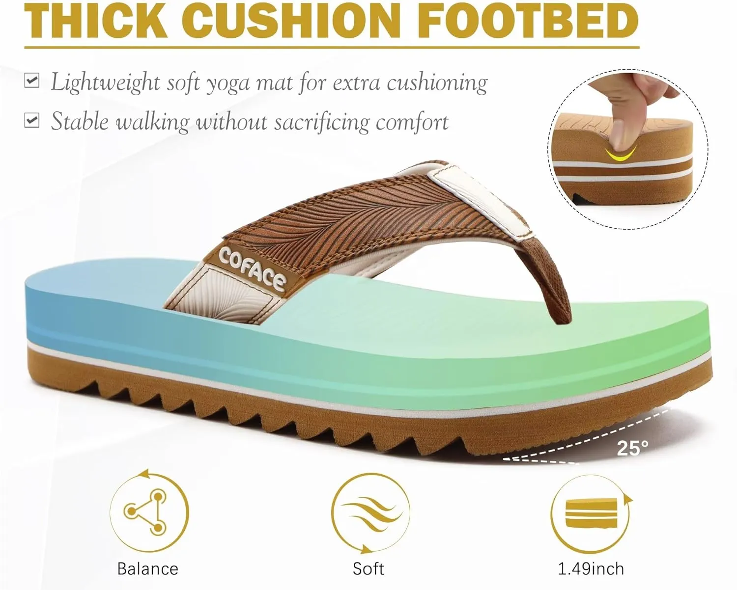 COFACE Mens Arch Support Flip Flops Yoga Mat Comfortable Thick Cushion Recovery Walking Thong Sandals Lightweight Slip On Summer Beach Slippers