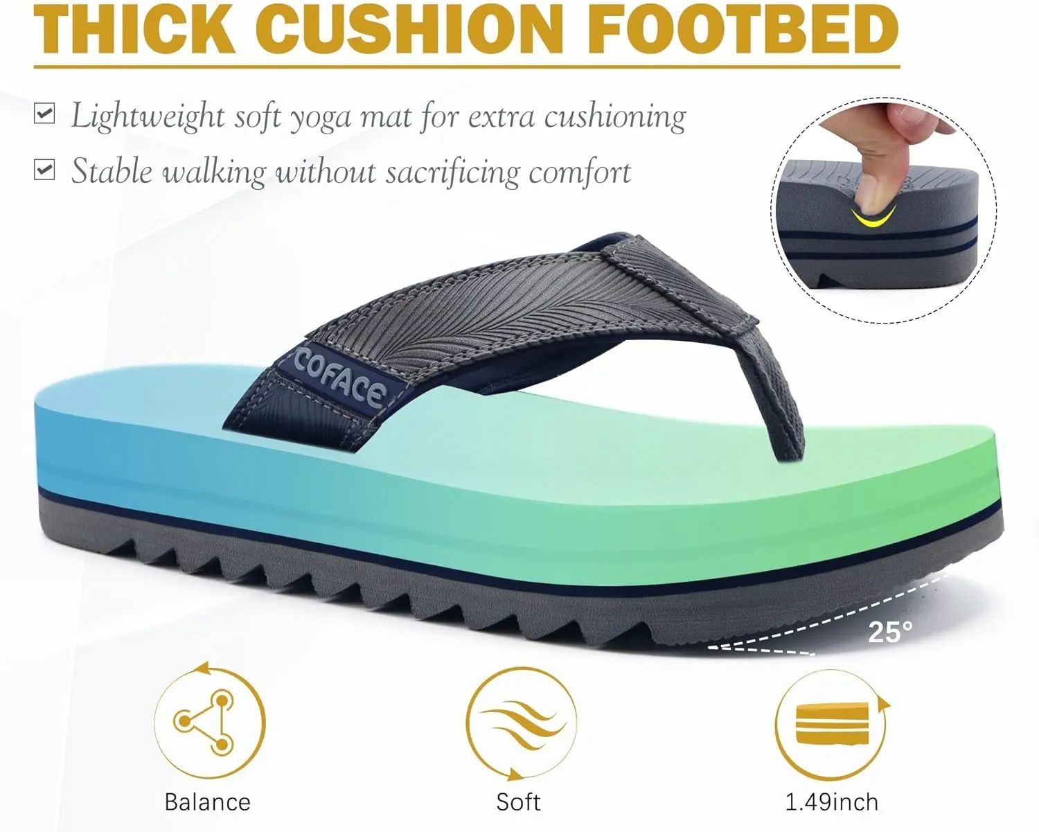 COFACE Mens Arch Support Flip Flops Yoga Mat Comfortable Thick Cushion Recovery Walking Thong Sandals Lightweight Slip On Summer Beach Slippers