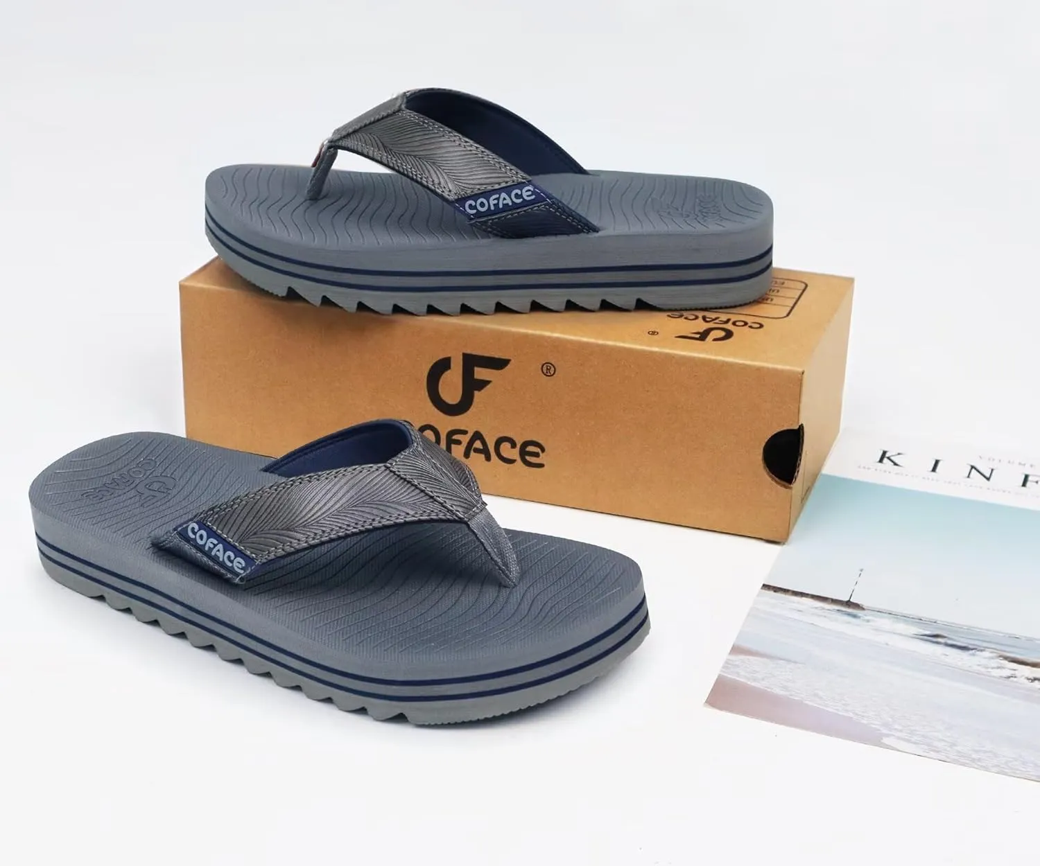 COFACE Mens Arch Support Flip Flops Yoga Mat Comfortable Thick Cushion Recovery Walking Thong Sandals Lightweight Slip On Summer Beach Slippers