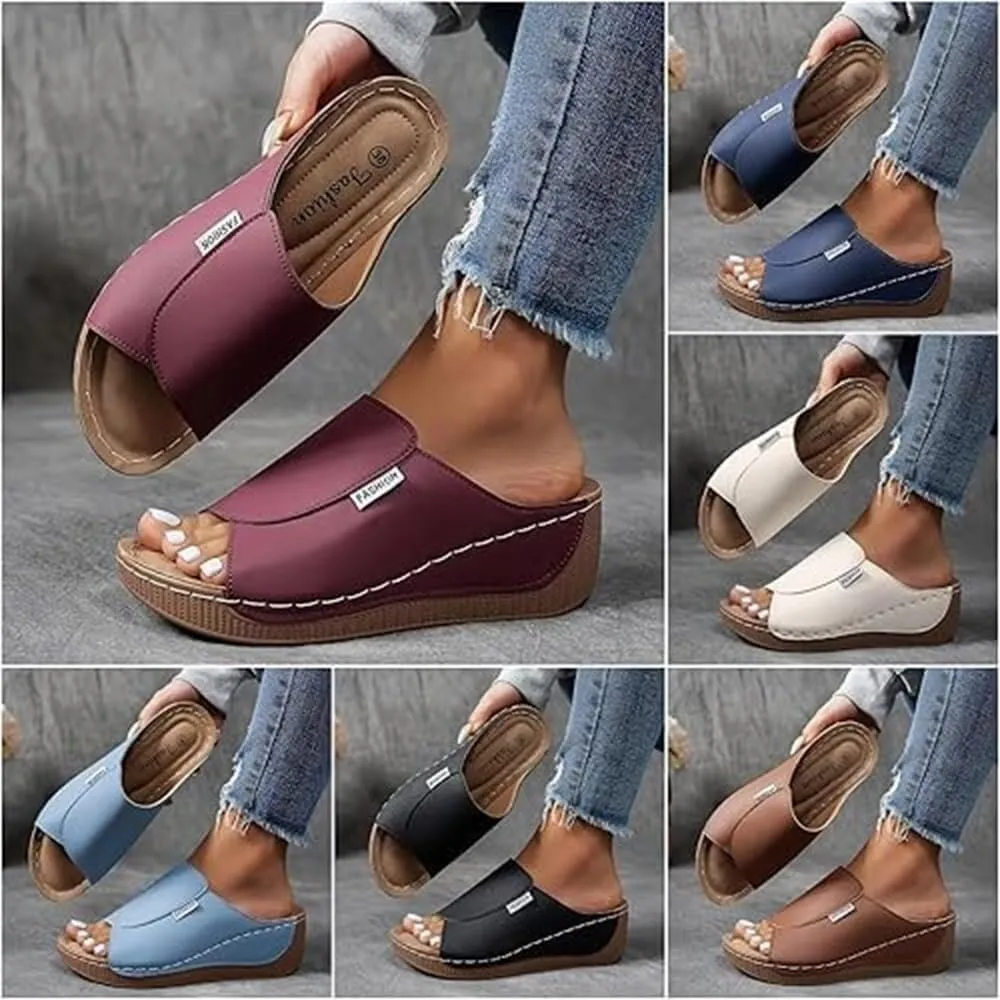 Comfortable Arch Support Slides - Women's Breathable Summer Orthotic Leather Platform Wedge Sandals Slides, Casual Slip on All Day Walking Sandal