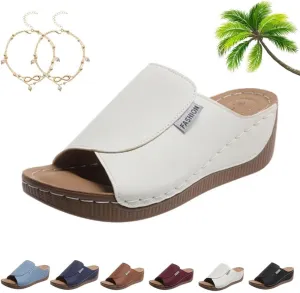 Comfortable Arch Support Slides - Women's Breathable Summer Orthotic Leather Platform Wedge Sandals Slides, Casual Slip on All Day Walking Sandal