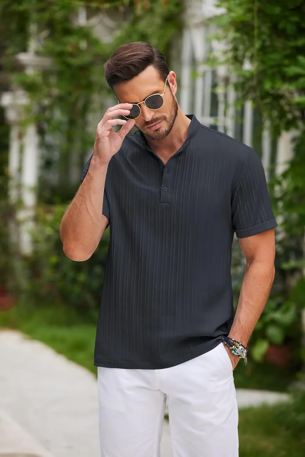 COOFANDY Men Casual Henley Tee Shirt Short Sleeve Band Collar Summer Beach Textured T-Shirt
