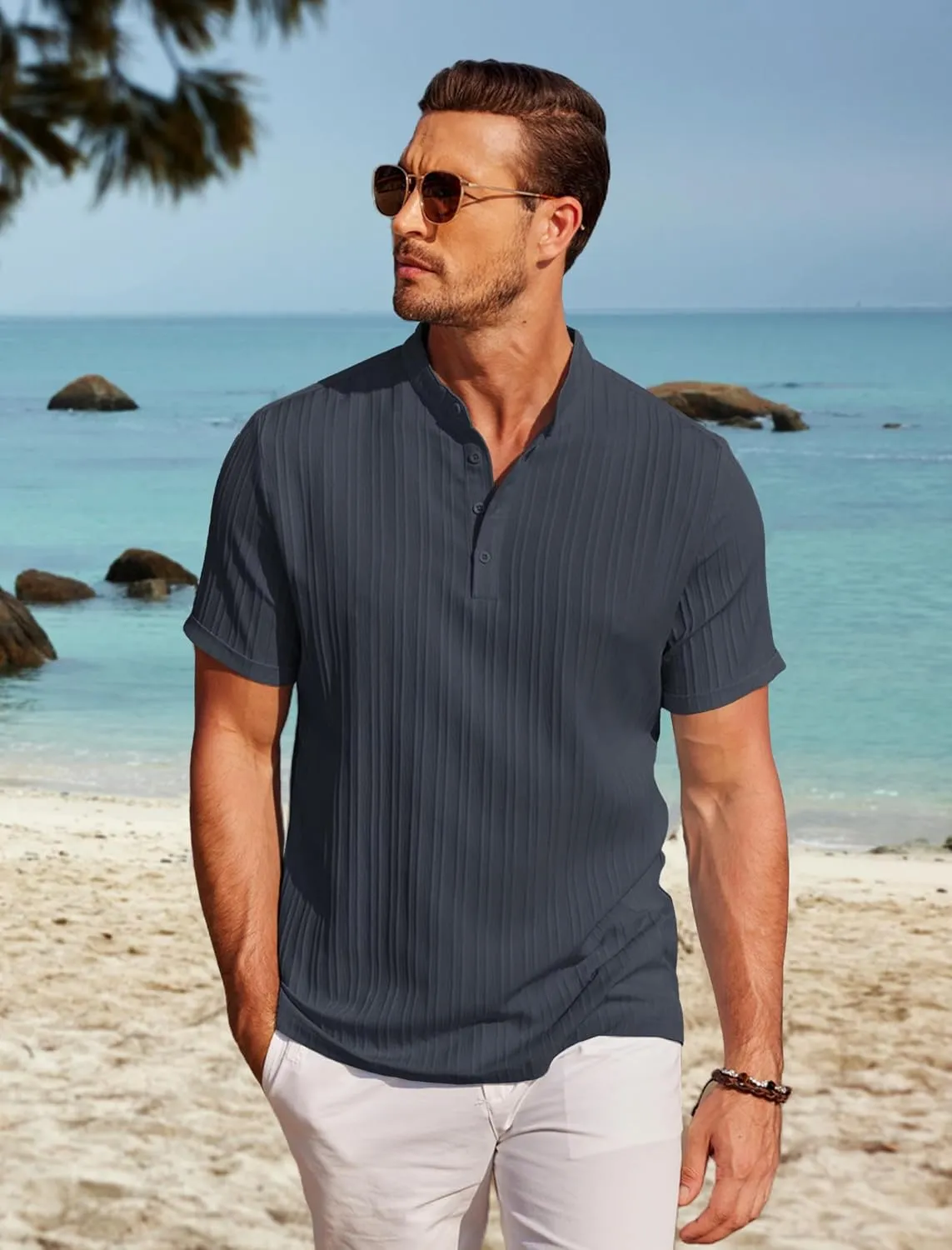 COOFANDY Men Casual Henley Tee Shirt Short Sleeve Band Collar Summer Beach Textured T-Shirt