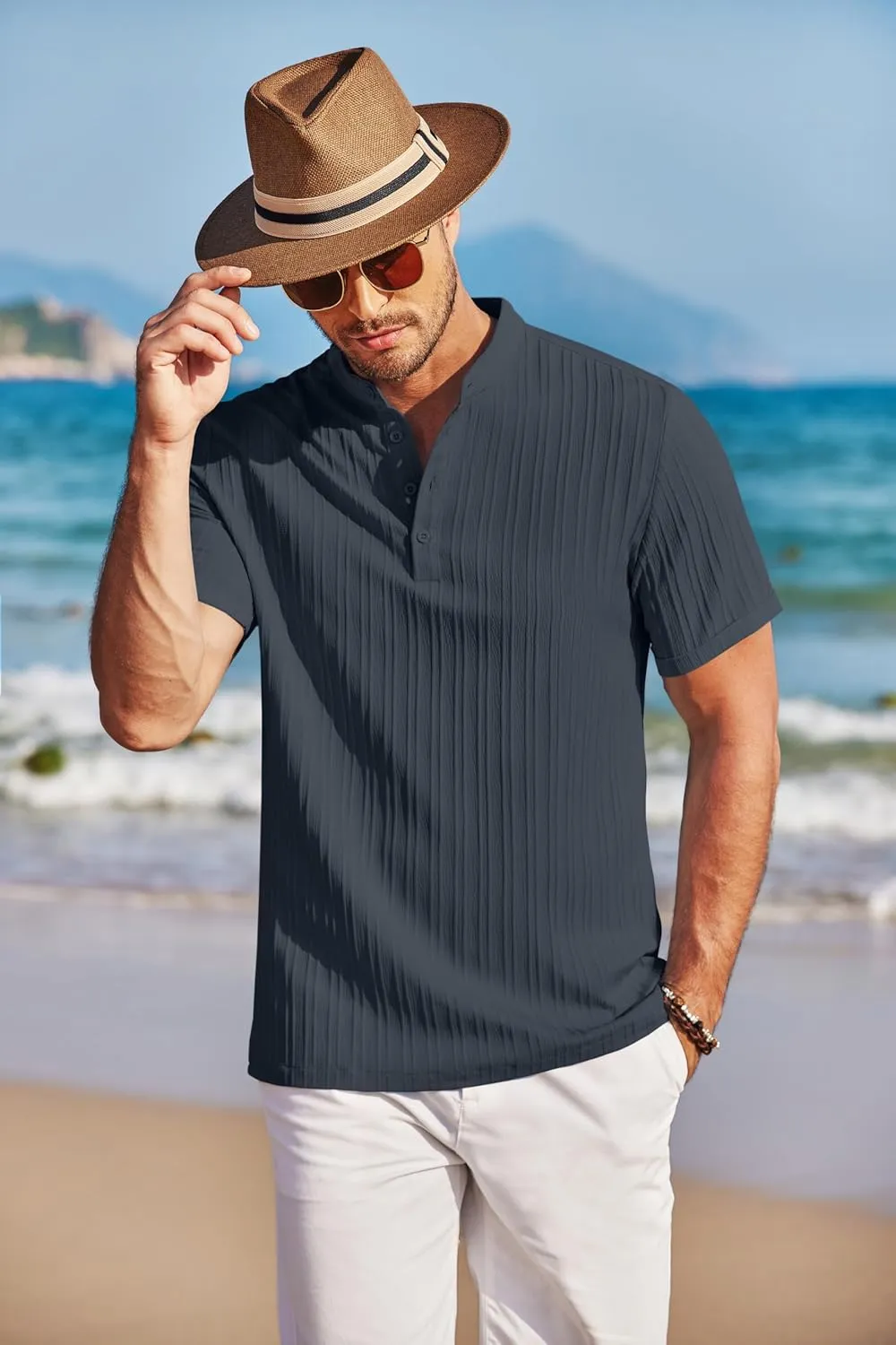 COOFANDY Men Casual Henley Tee Shirt Short Sleeve Band Collar Summer Beach Textured T-Shirt