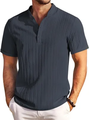 COOFANDY Men Casual Henley Tee Shirt Short Sleeve Band Collar Summer Beach Textured T-Shirt