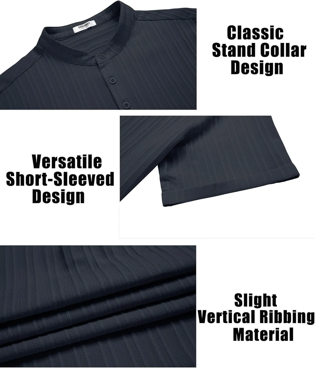 COOFANDY Men Casual Henley Tee Shirt Short Sleeve Band Collar Summer Beach Textured T-Shirt
