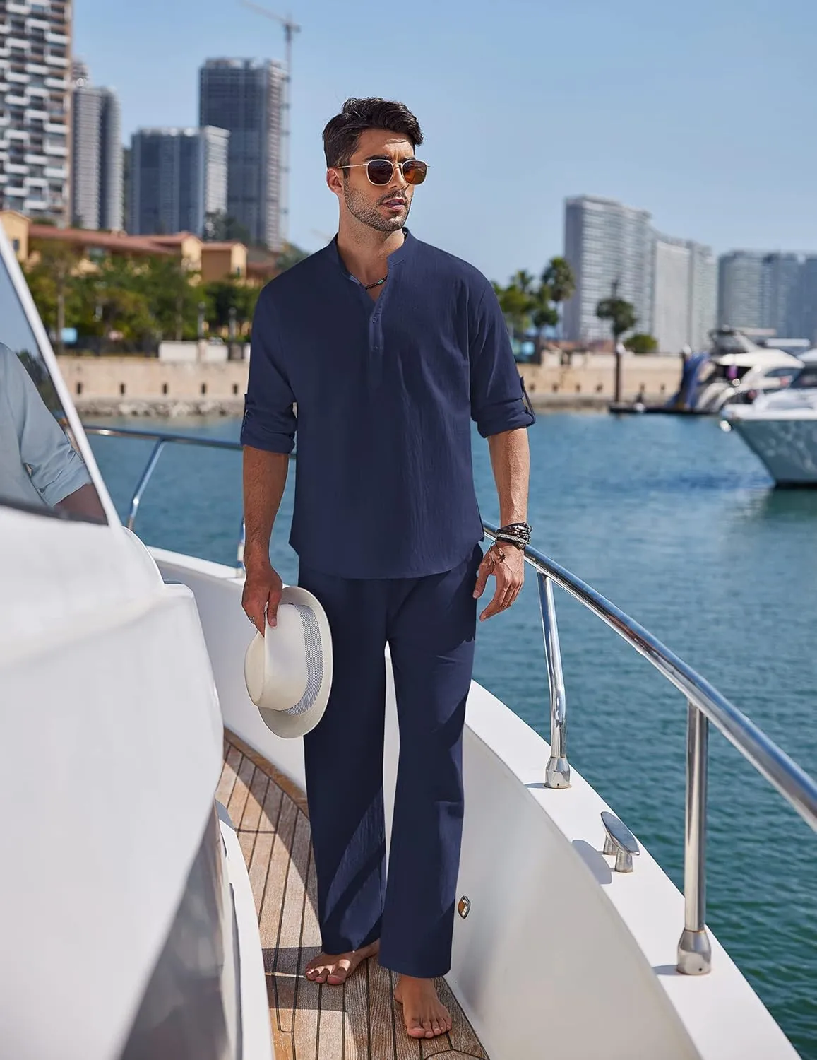 COOFANDY Men's 2 Pieces Cotton Linen Set Long Sleeve Henley Shirts Casual Beach Pants With Pockets Summer Yoga Outfits