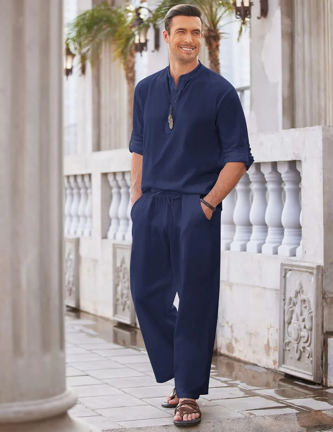 COOFANDY Men's 2 Pieces Cotton Linen Set Long Sleeve Henley Shirts Casual Beach Pants With Pockets Summer Yoga Outfits