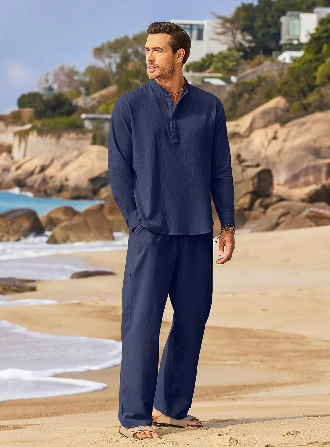 COOFANDY Men's 2 Pieces Cotton Linen Set Long Sleeve Henley Shirts Casual Beach Pants With Pockets Summer Yoga Outfits