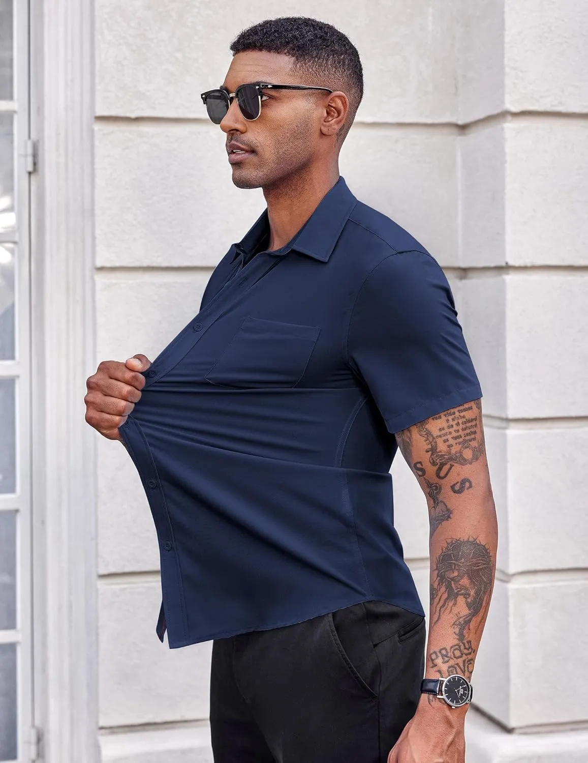 COOFANDY Men's Casual Button Down Shirts Stretch Short Sleeve Business Dress Shirt with Pocket