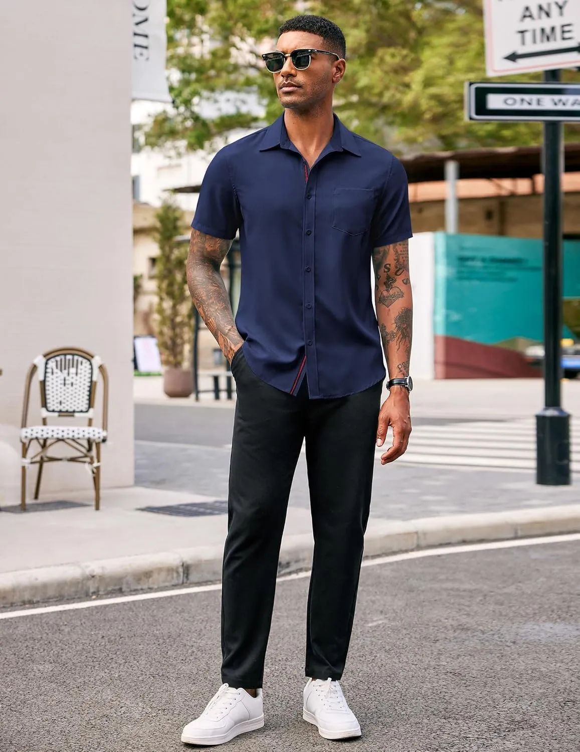 COOFANDY Men's Casual Button Down Shirts Stretch Short Sleeve Business Dress Shirt with Pocket