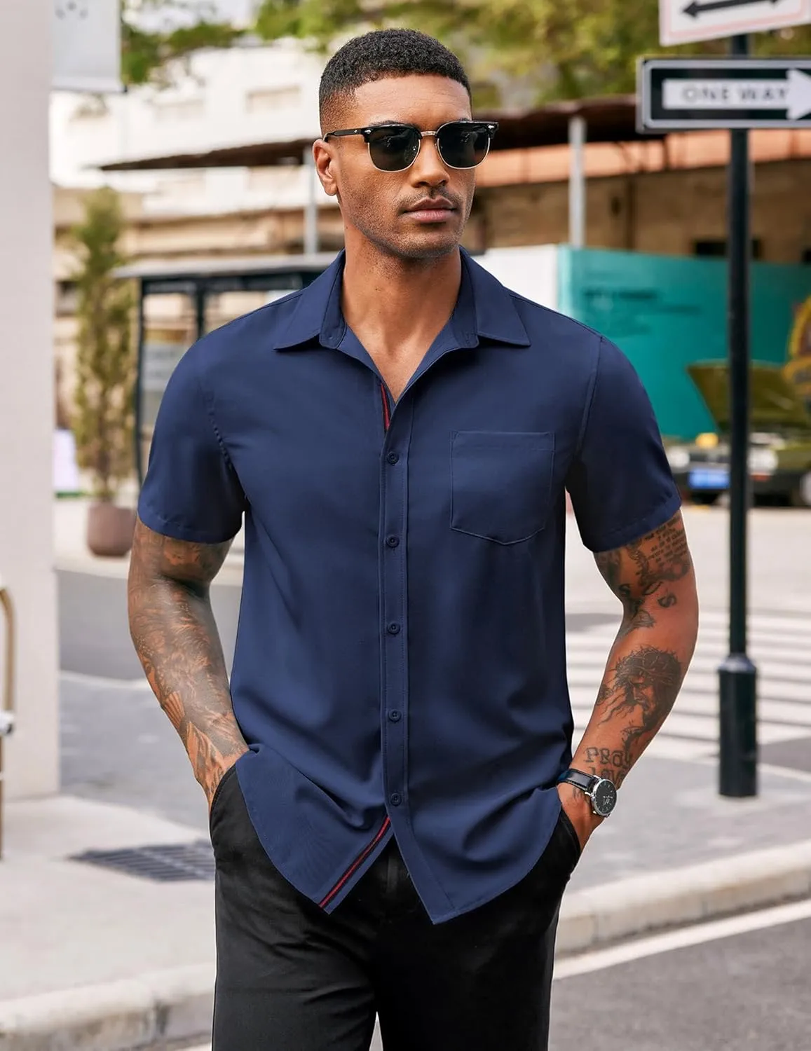 COOFANDY Men's Casual Button Down Shirts Stretch Short Sleeve Business Dress Shirt with Pocket