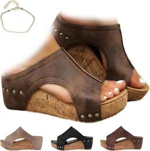 Cork Wedges for Women,Women's Comfy Leather Wedge Non-Slip Platform Slides,Summer Thick Sole Lightweight Sandals(Brown,US 7)