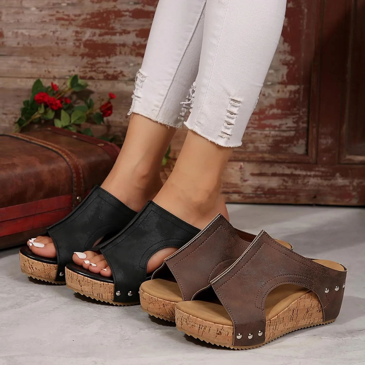 Cork Wedges for Women,Women's Comfy Leather Wedge Non-Slip Platform Slides,Summer Thick Sole Lightweight Sandals(Brown,US 7)