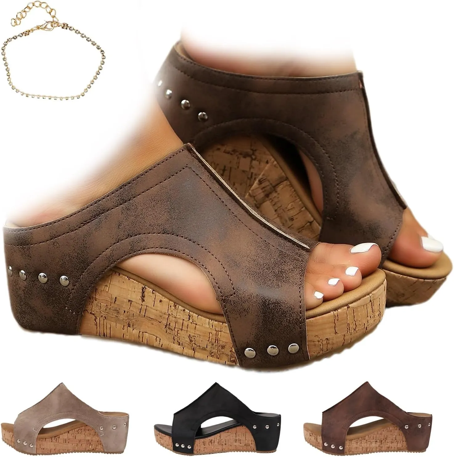Cork Wedges for Women,Women's Comfy Leather Wedge Non-Slip Platform Slides,Summer Thick Sole Lightweight Sandals(Brown,US 7)