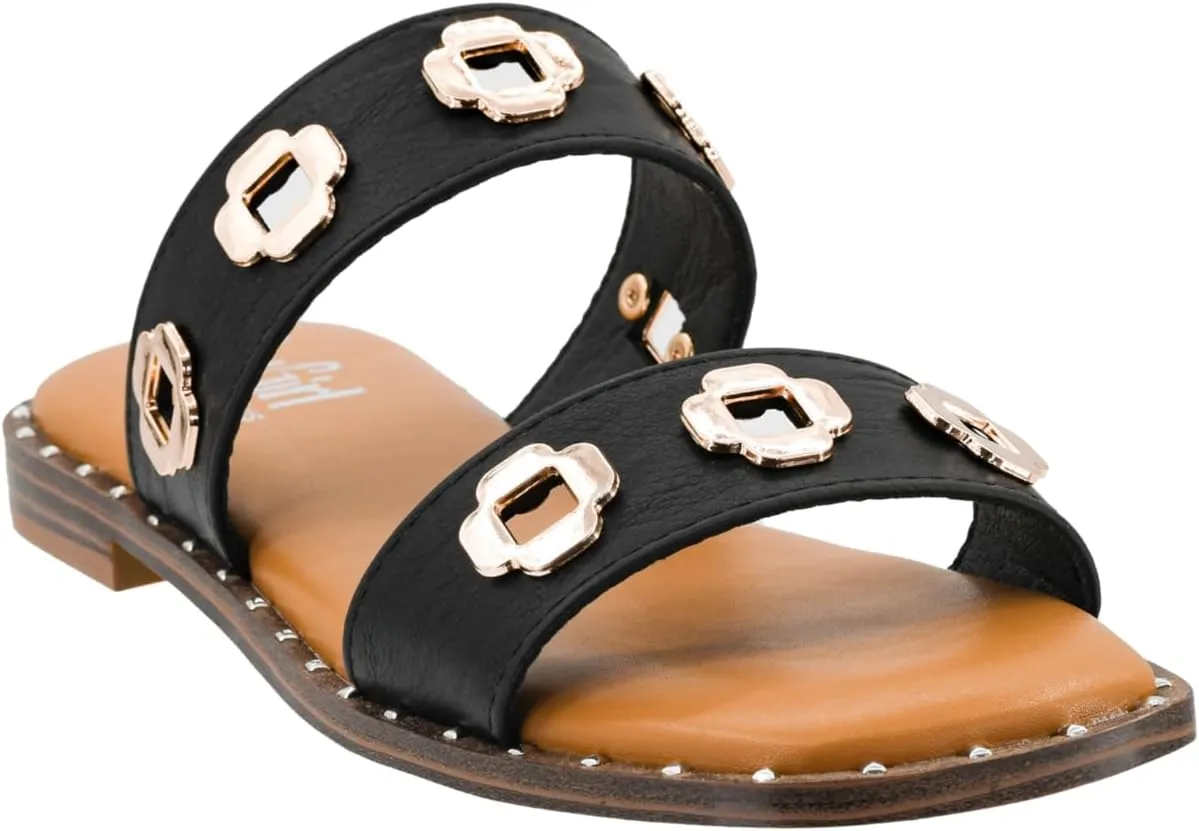 Corkys Footwear Low Tide Double Strap Sandal - Featuring Two Metal-Accented Straps, A Cushioned Insole, Studded Outsole, Easy and Convenient Slip-On design