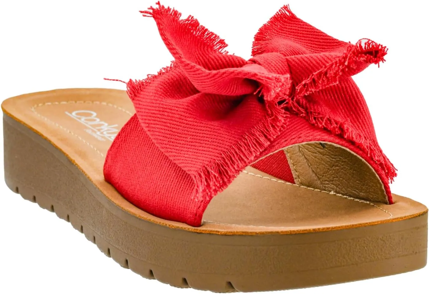 Corkys Footwear Spray Tan Sandal - Comfortable And Cushioned Insoles, Wide Strap with Bow, Frayed Edges On Upper, Open Toe, Easy And Convenient Slip-On Design
