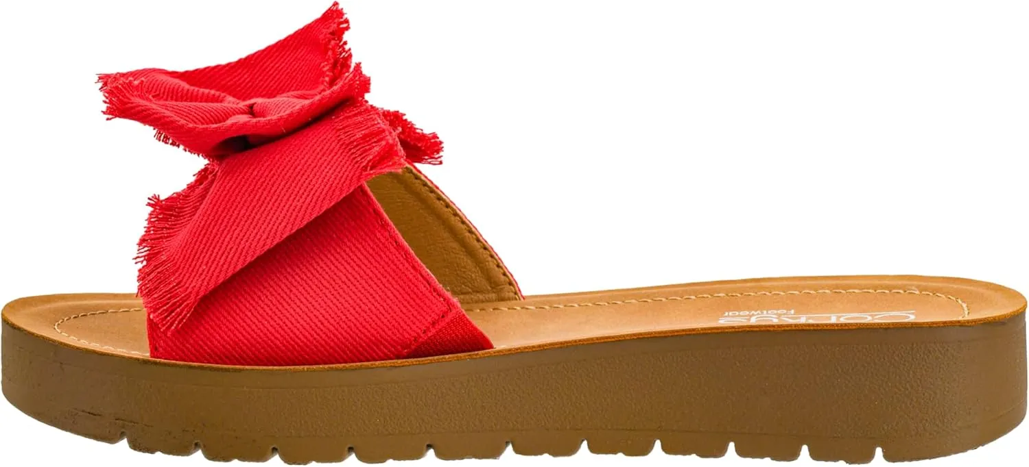 Corkys Footwear Spray Tan Sandal - Comfortable And Cushioned Insoles, Wide Strap with Bow, Frayed Edges On Upper, Open Toe, Easy And Convenient Slip-On Design