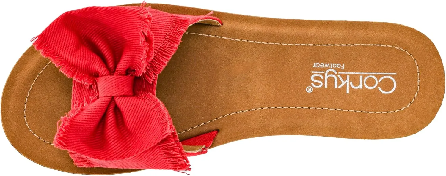 Corkys Footwear Spray Tan Sandal - Comfortable And Cushioned Insoles, Wide Strap with Bow, Frayed Edges On Upper, Open Toe, Easy And Convenient Slip-On Design